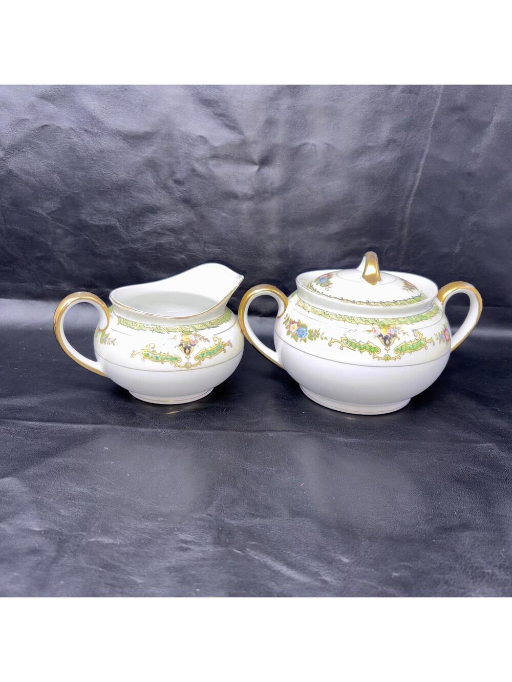 Noritake N578 Creamer & Sugar Bowl Set Green Scroll Floral Flowers